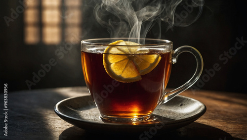 Steaming cup of herbal tea with a slice of lemon, dramatically lit from the side to emphasize the steam and shadows.