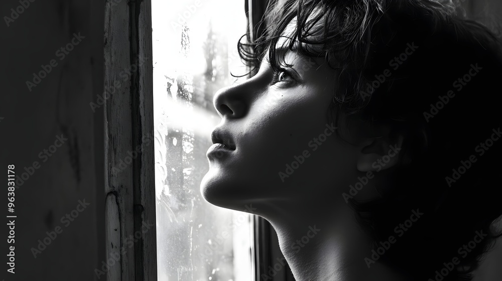 7. A person looking out a window, longing expression 7. A person looking out a window, longing expression
