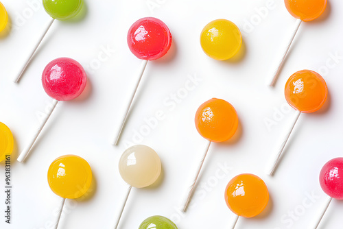 Colorful lollipops arranged in a diagonal pattern on a white background.
