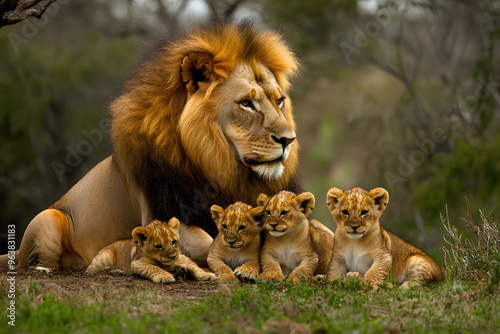 A majestic lion with a thick mane sits in the grass, protecting his four cubs as they look up at him.