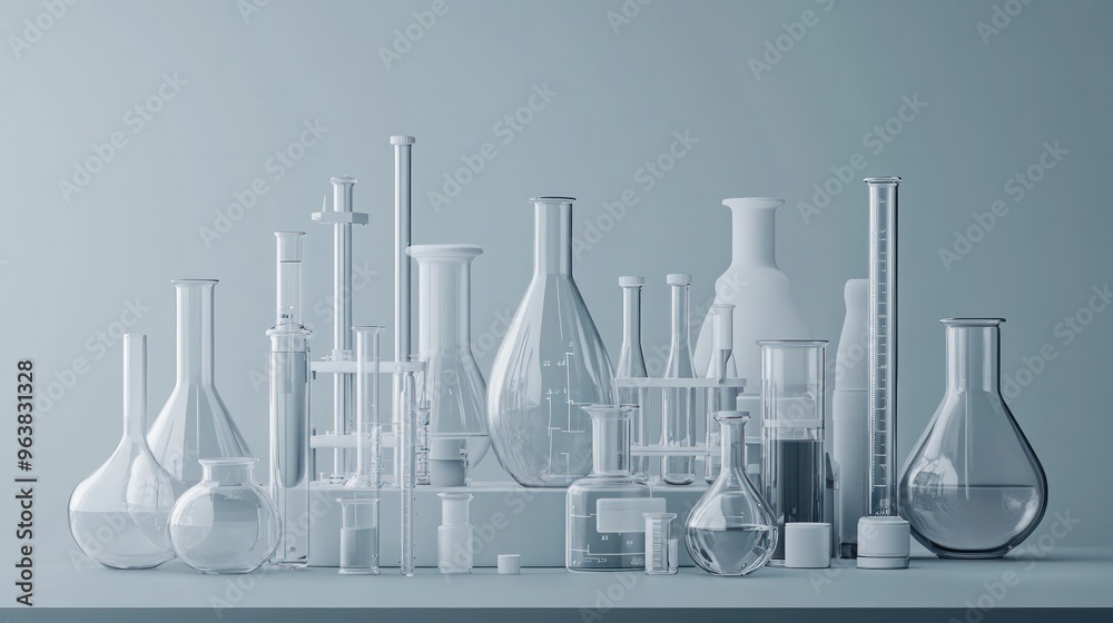 A collection of glassware, including beakers, flasks, and test tubes, arranged on a table A collection of glassware, including beakers, flasks, and test tubes, arranged on a table