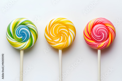 Three colorful swirl lollipops on white background.