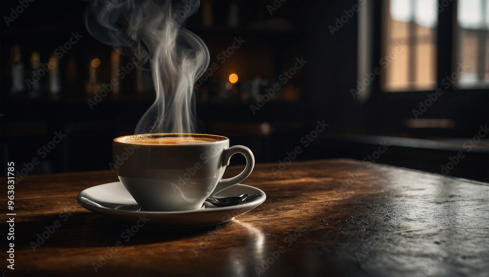 Steaming cup of espresso with a rich crema, highlighted by moody lighting that creates strong contrasts and deep shadows.