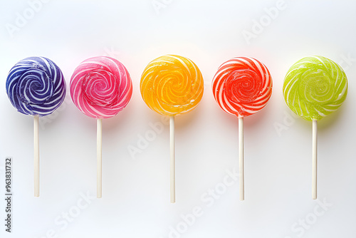 Five colorful lollipops in a row on a white background.