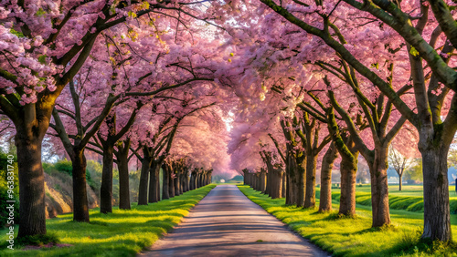 Stunning pink-petaled cherry blossom trees lining a peaceful path Picturesque cherry blossom alleyway with lush greenery and warm sunlight