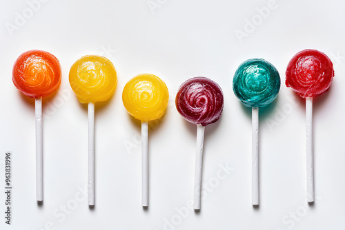Six colorful lollipops arranged in a row on a white background.
