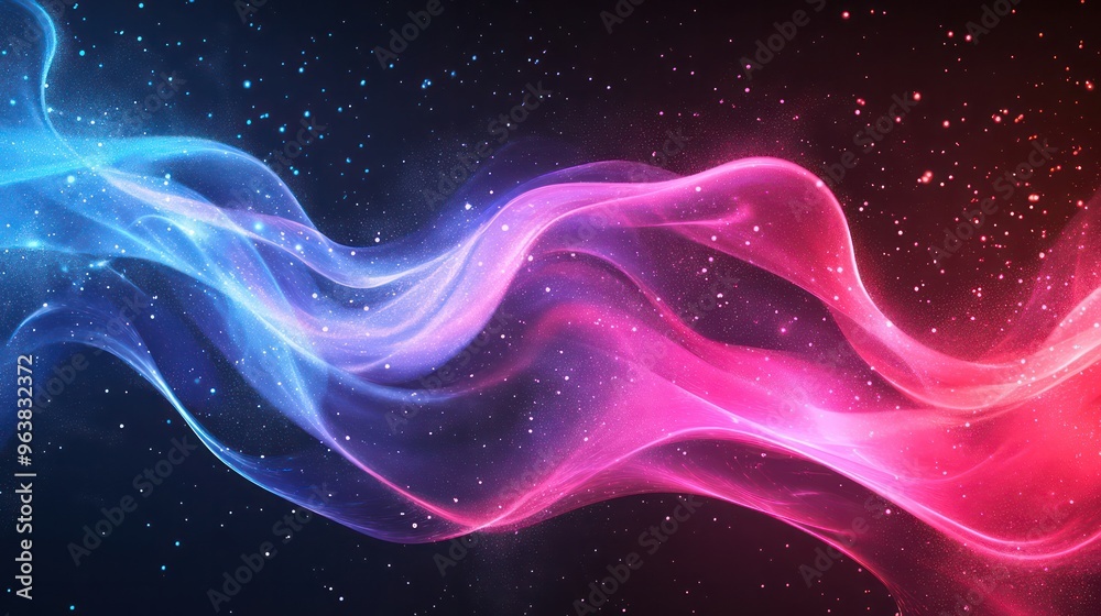 A colorful, swirling line of light with a blue and pink hue. The line is surrounded by a dark background