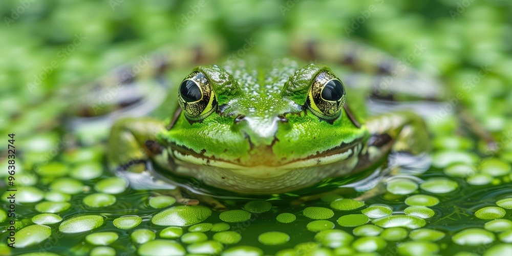 Zoomed-in view of a lively green frog in a pond full of algae Zoomed-in view of a lively green frog in a pond full of algae
