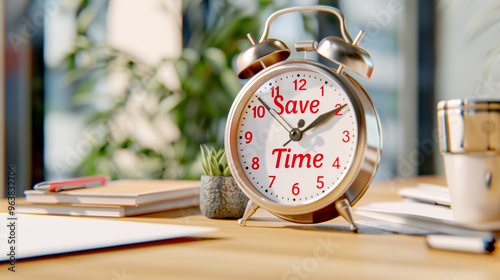 Alarm clock with save time message on desk surrounded by notebooks and plant photo