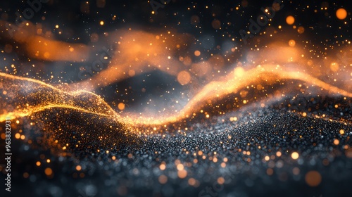 The image is a black and white photo of a wave with orange and blue sparks. Scene is mysterious and dreamy, as the sparks seem to be floating in the air, creating a sense of movement and energy