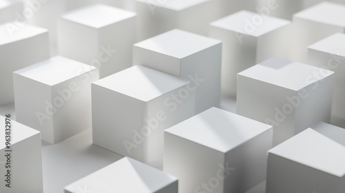 A 3D render of clean, white cubes, geometrically arranged with light and shadows, showcasing aesthetic precision.