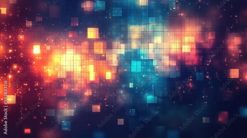 A colorful, abstract image of a starry sky with a blue and yellow background. The image is full of bright, glowing squares that create a sense of movement and energy. Scene is one of excitement