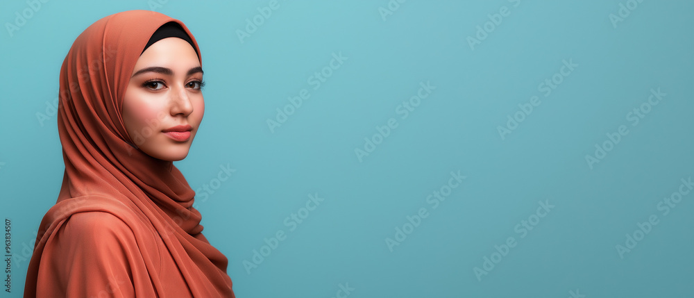 a beautiful muslim woman portrait, blue background, ample space for text, islamic banner concept a beautiful muslim woman portrait, blue background, ample space for text, islamic banner concept
