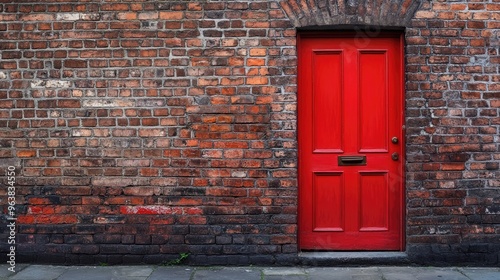 A bold red door set in a textured bricked wall, creating an elegant contrast in this architectural scene.