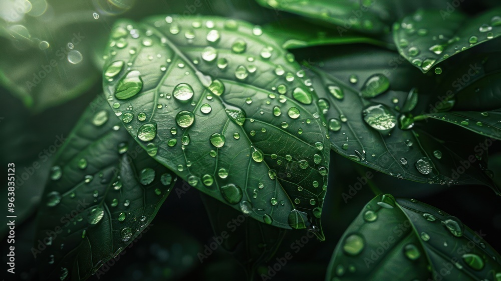 Close-up of green leaves with water droplets. Close-up of green leaves with water droplets.