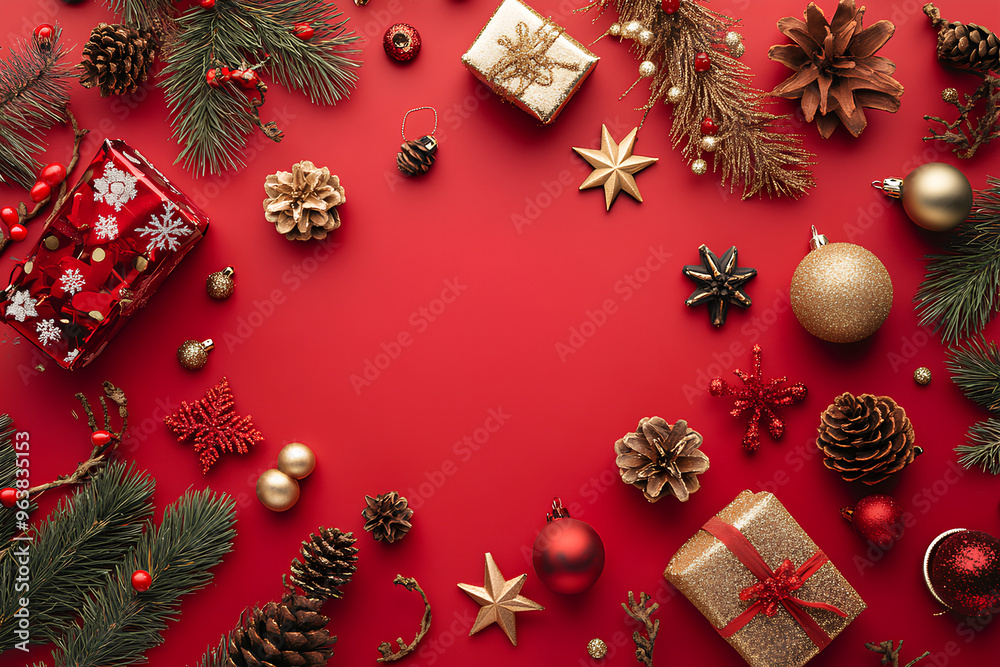 Christmas decorations arranged around a red background with copy space in the middle. Christmas decorations arranged around a red background with copy space in the middle.
