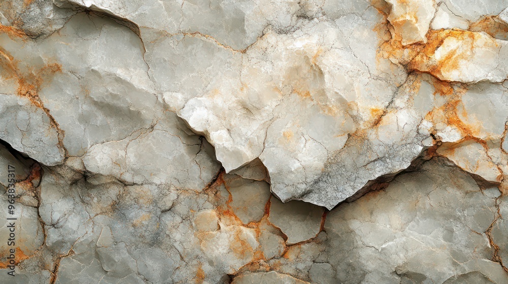 A rock with a lot of cracks and a few pieces missing. The rock is white and has some orange spots on it A rock with a lot of cracks and a few pieces missing. The rock is white and has some orange spots on it