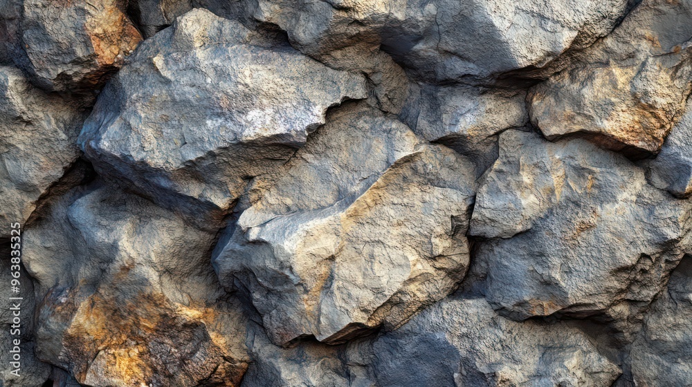A close up of a rock wall with a lot of texture and a lot of rocks. The rocks are of different sizes and shapes, and they are all grey. The wall is made of stone and has a rough, rugged appearance