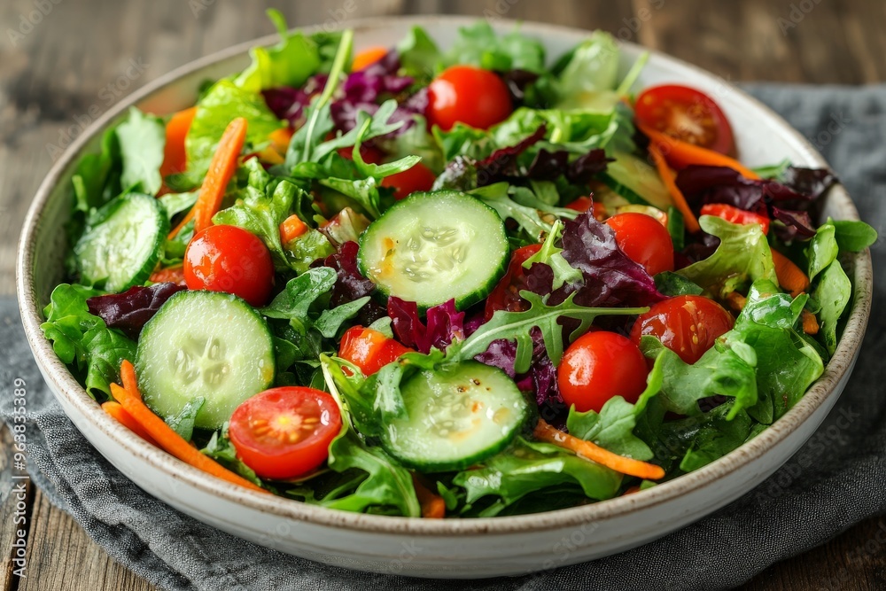A fresh salad featuring a variety of mixed greens and colorful vegetables. The salad includes crisp lettuce, baby spinach, and arugula, combined with cherry tomatoes, cucumber slices A fresh salad featuring a variety of mixed greens and colorful vegetables. The salad includes crisp lettuce, baby spinach, and arugula, combined with cherry tomatoes, cucumber slices