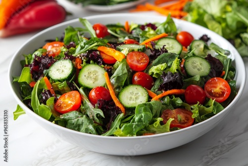 A fresh salad featuring a variety of mixed greens and colorful vegetables. The salad includes crisp lettuce, baby spinach, and arugula, combined with cherry tomatoes, cucumber slices