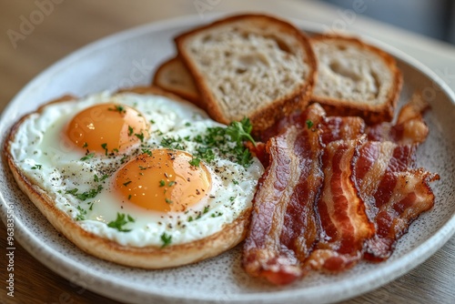  A mouthwatering photograph of a classic breakfast plate featuring perfectly cooked 2 eggs and crispy bacon. The eggs are sunny-side up with bright, golden yolks and the bacon is arranged.