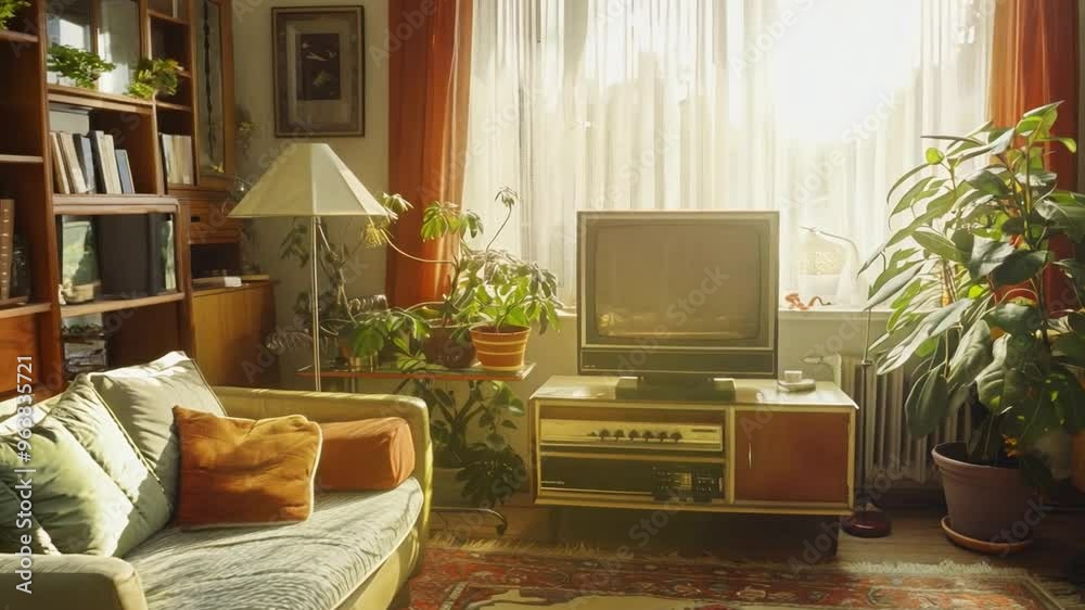 A cozy retro living room featuring a vintage television and a collection of houseplants bathed in warm natural light. 