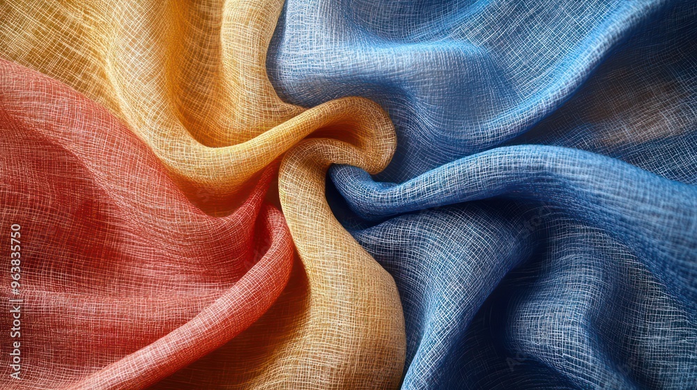 Fototapeta premium A colorful piece of fabric with a red, yellow, and blue stripe. The colors are vibrant and the fabric is twisted