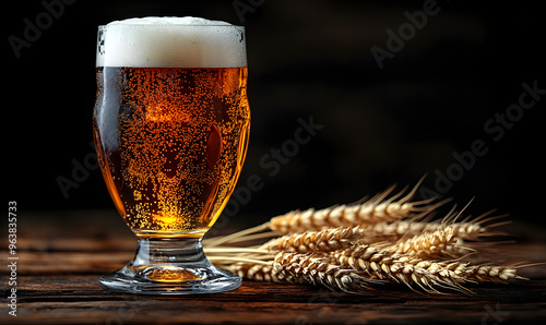 “A Glass of Beer on a Wooden Table with Wheat Ears in the Background” 