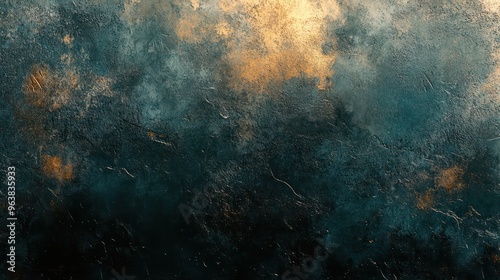 A painting of a cloudy sky with a splash of gold. The sky is dark blue with a few white clouds