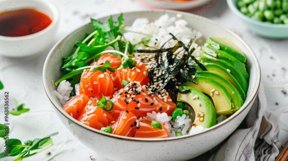 Hawaiian poke bowl with salmon, avocado, seaweed and sesame Hawaiian poke bowl with salmon, avocado, seaweed and sesame