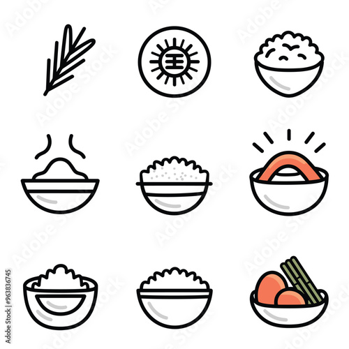 Set of nine simplistic food icons including rice, sushi, and herbs on a white background.