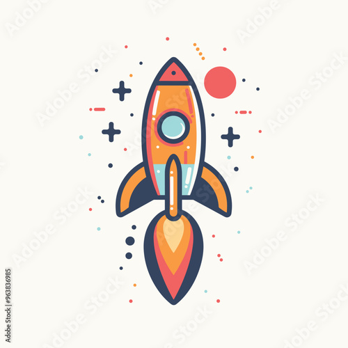 Colorful illustration of a rocket ship soaring into space, surrounded by stars and planets.