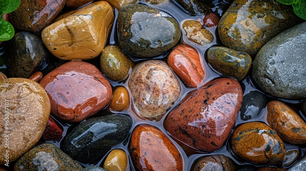 Close-up of colorful, wet, smooth river rocks. Close-up of colorful, wet, smooth river rocks.