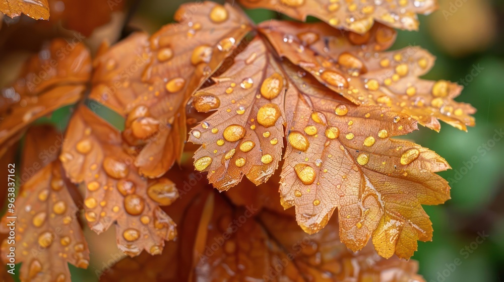 Close-up of dew drops on orange leaves in autumn. Close-up of dew drops on orange leaves in autumn.