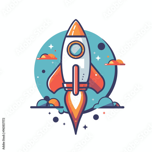 Colorful cartoon rocket launching into space with a teal background and orange accents.