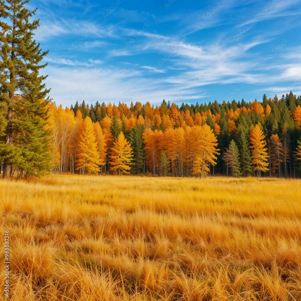 Golden autumn landscape with a field of tall grass and a forest of vibrant trees under a clear blue sky, perfect for nature and seasonal designs. Golden autumn landscape with a field of tall grass and a forest of vibrant trees under a clear blue sky, perfect for nature and seasonal designs.