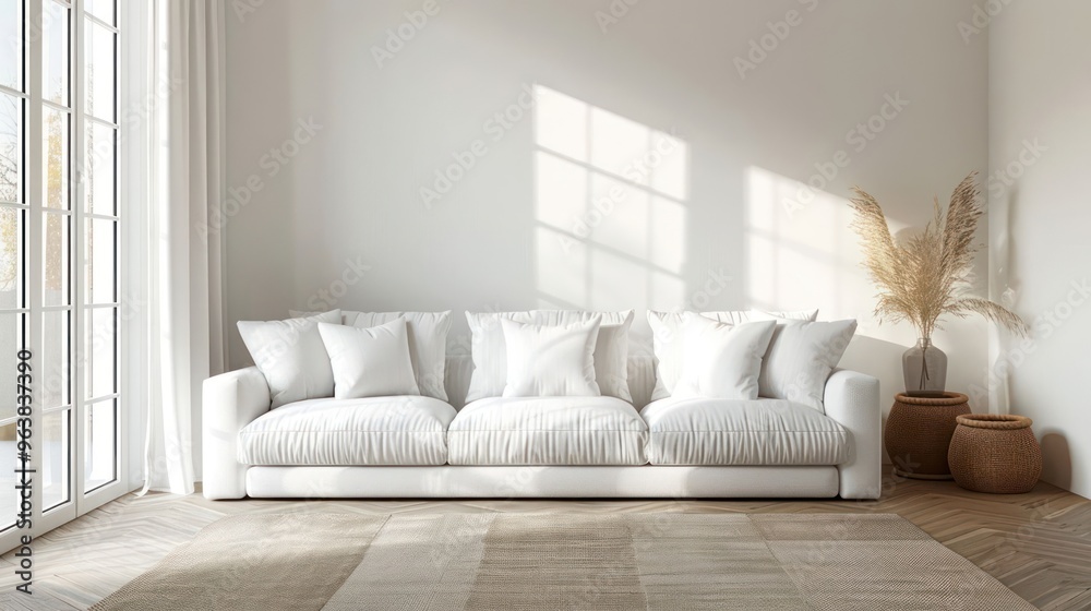 Fototapeta premium Minimalist living room interior with white sofa, large window, and natural light.