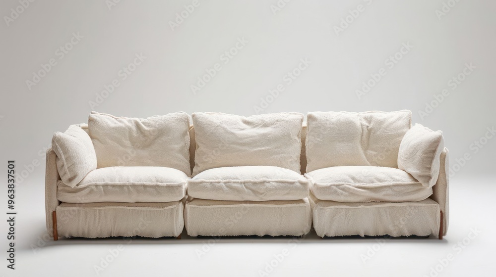 A white modular sofa with plush cushions and wooden legs against a white background. A white modular sofa with plush cushions and wooden legs against a white background.