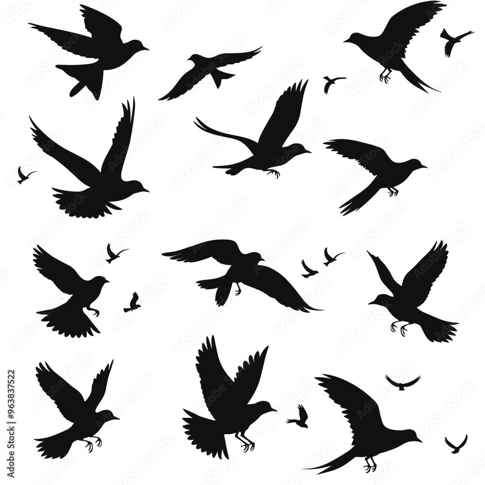 Obraz premium Silhouettes of birds in various flying positions on a white background.