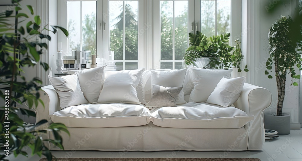 A white sofa with plush pillows sits in front of a large window, bathed in natural light. The room is decorated with greenery, creating a serene and inviting atmosphere. A white sofa with plush pillows sits in front of a large window, bathed in natural light. The room is decorated with greenery, creating a serene and inviting atmosphere.