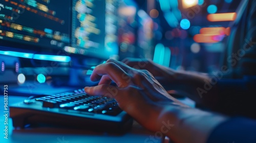 a software developer in a modern office, typing on a computer keyboard with code visible on the screen