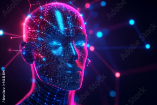 Brain simulation glowing brain and neuron activity sci fi human head with glowing blue and pink neural pathways embodying advanced artificial intelligence photo