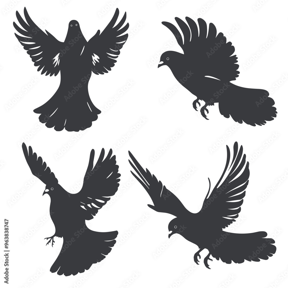 Fototapeta premium Black silhouette illustrations of four birds in various flight poses on a white background.