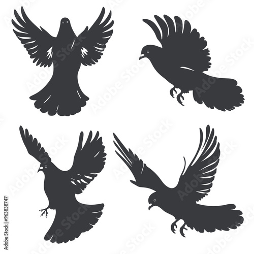 Black silhouette illustrations of four birds in various flight poses on a white background.