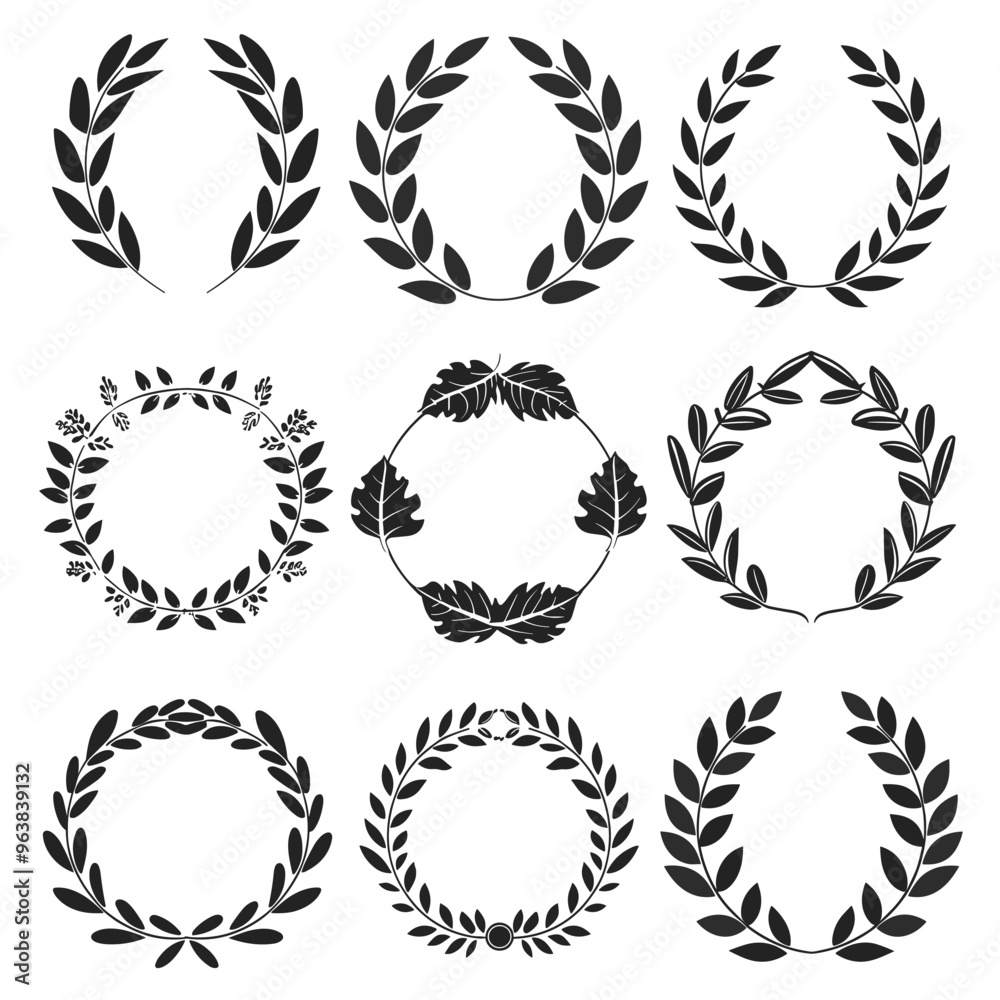 Obraz premium A collection of nine black and white laurel wreath designs on a white background.