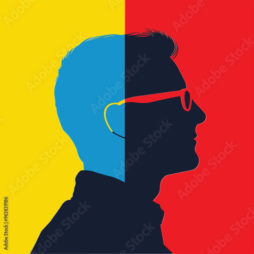 Silhouette profile of a man in glasses against a vibrant red, blue, and yellow background.