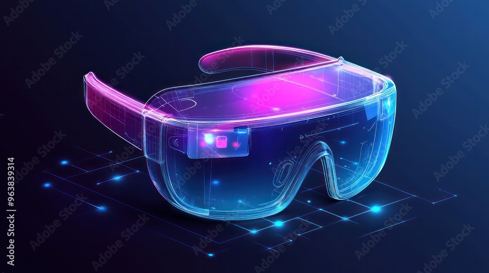 A pair of virtual reality goggles with a blue frame. The goggles are designed to be worn on the face and are meant to provide an immersive experience A pair of virtual reality goggles with a blue frame. The goggles are designed to be worn on the face and are meant to provide an immersive experience