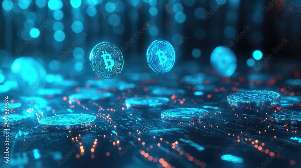 Fototapeta premium A digital illustration of glowing blue coins hovering above a business diagram, representing financial insights and wealth.