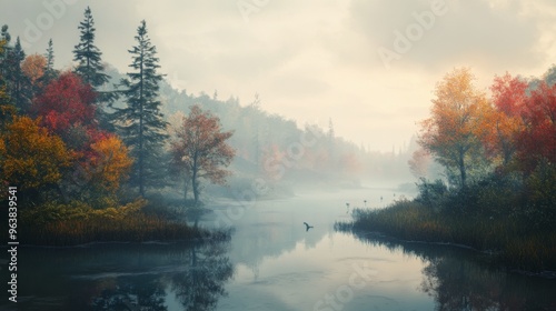 Misty River with Autumn Trees and Reflections