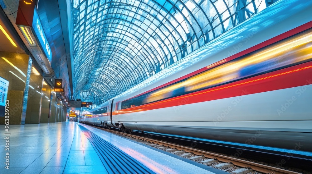 Obraz premium A fast-moving train blurs through a modern station, reflecting the efficiency of high-speed transportation.